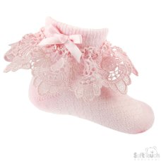 S336-P: Pink Sequin Deep Lace Bow Ankle Socks (0-24 Months)